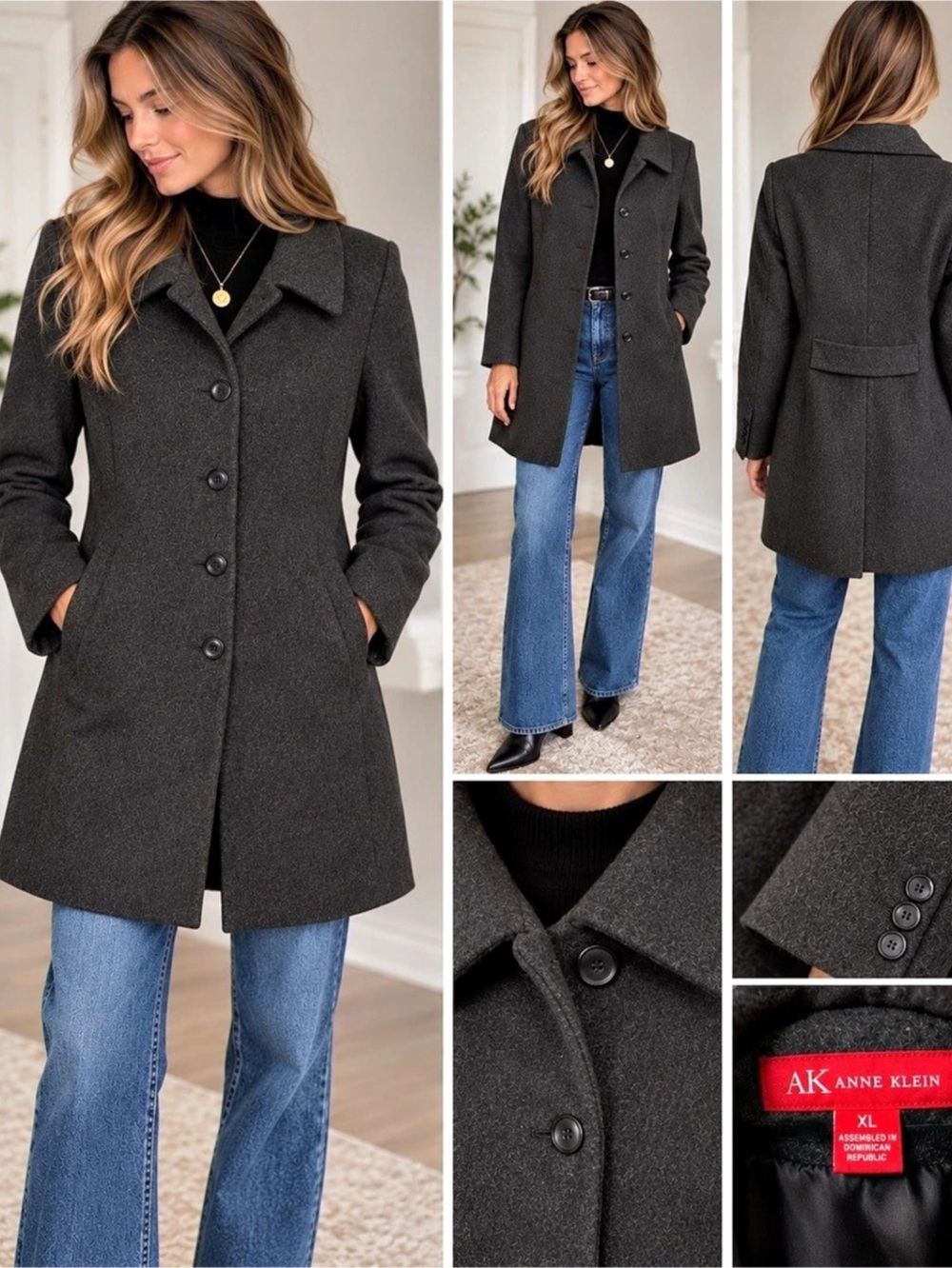 Anne Klein Charcoal Gray Wool Blend Coat Women’s XL Classic Tailored Winter